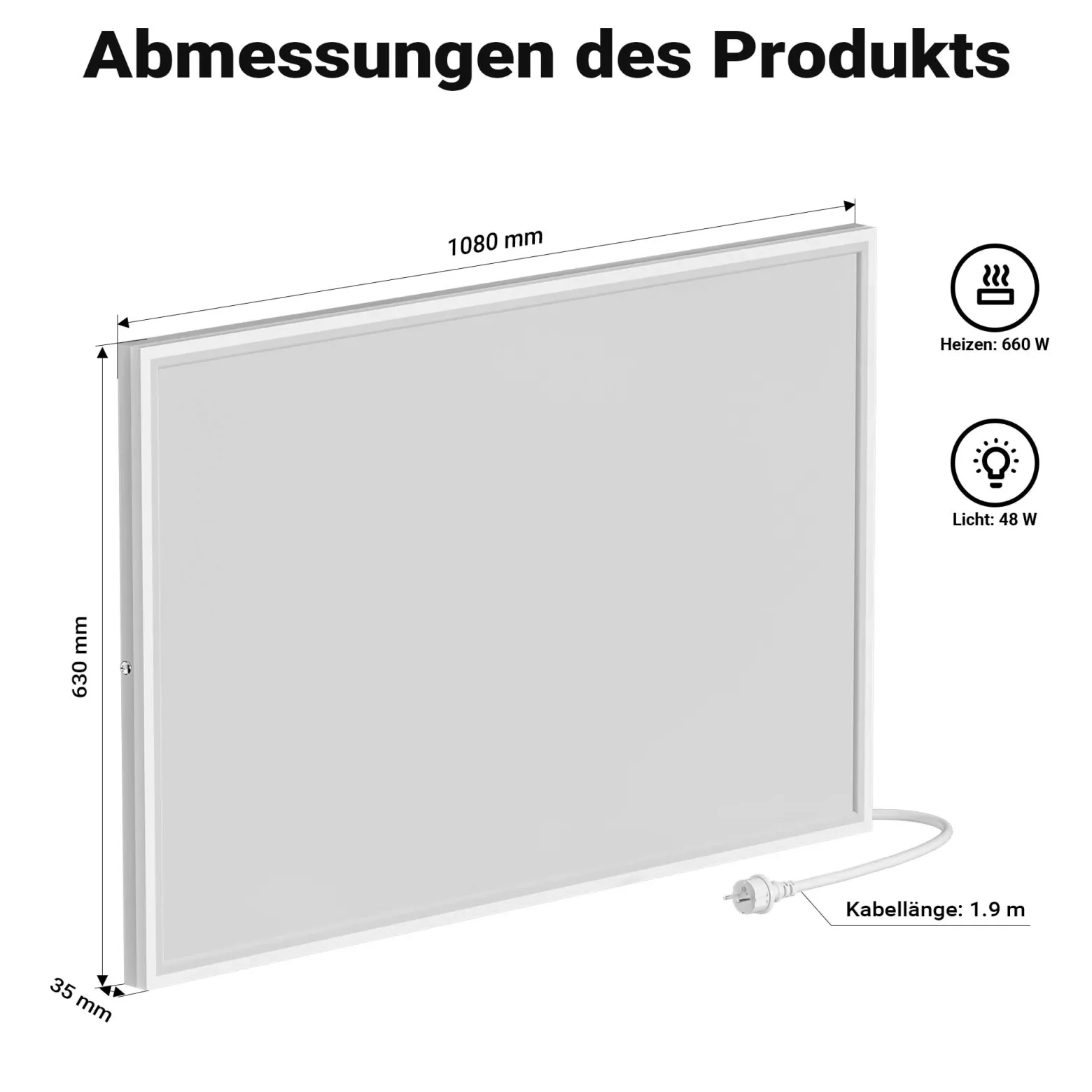 Wiltec Infrarot Deckenheizung 660 W, Infrarotheizung Deckenmontage mit LED-Beleuchtung 108 x 63 x 3,5 cm, Infrarot Heizung mit Thermostat