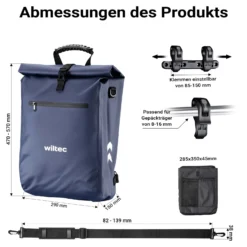 Wiltec 3 in 1 Gepäckträgertasche blau, Fahrradtasche Rucksack 25 l Stauraum, Gepäcktasche mit Laptopfach, wasserresistente Fahrrad Tasche