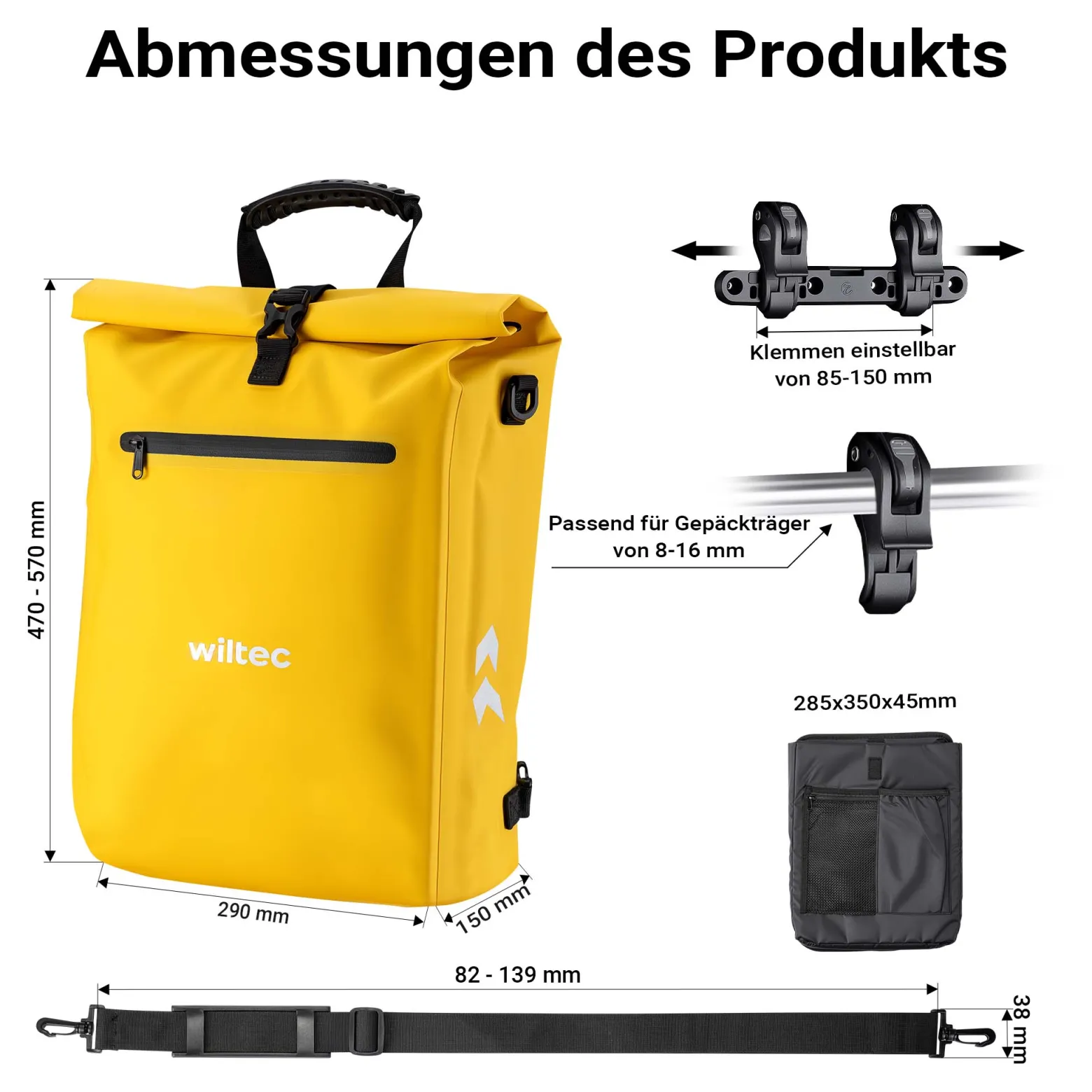 Wiltec 3 in 1 Gepäckträgertasche gelb, Fahrradtasche Rucksack 25 l Stauraum, Gepäcktasche mit Laptopfach, wasserresistente Fahrrad Tasche