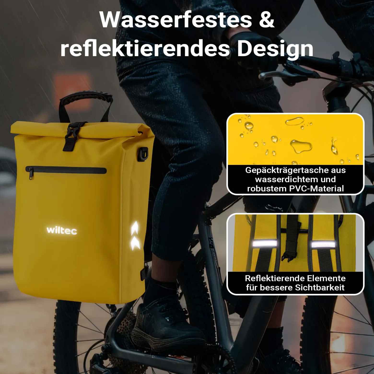 Wiltec 3 in 1 Gepäckträgertasche gelb, Fahrradtasche Rucksack 25 l Stauraum, Gepäcktasche mit Laptopfach, wasserresistente Fahrrad Tasche