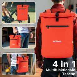 Wiltec 3 in 1 Gepäckträgertasche rot, Fahrradtasche Rucksack 25 l Stauraum, Gepäcktasche mit Laptopfach, wasserresistente Fahrrad Tasche