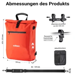 Wiltec 3 in 1 Gepäckträgertasche rot, Fahrradtasche Rucksack 25 l Stauraum, Gepäcktasche mit Laptopfach, wasserresistente Fahrrad Tasche