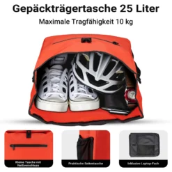 Wiltec 3 in 1 Gepäckträgertasche rot, Fahrradtasche Rucksack 25 l Stauraum, Gepäcktasche mit Laptopfach, wasserresistente Fahrrad Tasche
