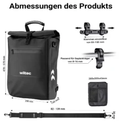 Wiltec 3 in 1 Gepäckträgertasche schwarz, Fahrradtasche Rucksack 25 l Stauraum, Gepäcktasche mit Laptopfach, wasserresistente Fahrrad Tasche