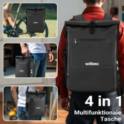 Wiltec 3 in 1 Gepäckträgertasche schwarz, Fahrradtasche Rucksack 25 l Stauraum, Gepäcktasche mit Laptopfach, wasserresistente Fahrrad Tasche