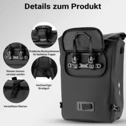 Wiltec 3 in 1 Gepäckträgertasche schwarz, Fahrradtasche Rucksack 25 l Stauraum, Gepäcktasche mit Laptopfach, wasserresistente Fahrrad Tasche