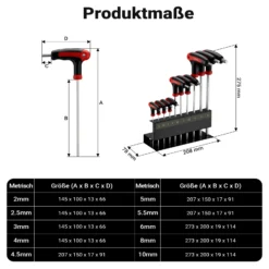 Wiltec Innensechskantschlüsselsatz 11tlg. 2-10mm mit 15-28cm Länge und thermoplastischen Gummigriffen in T-Form, Innensechskant Winkelschlüssel Satz