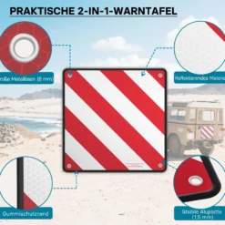 Wiltec 2in1 rot weiße Warntafel Spanien und Italien aus Aluminium mit Befestigungslöchern 500x500 mm reflektierend Warnschild für Fahrradträger und Heckträger zur Kennzeichnung überstehender Ladung