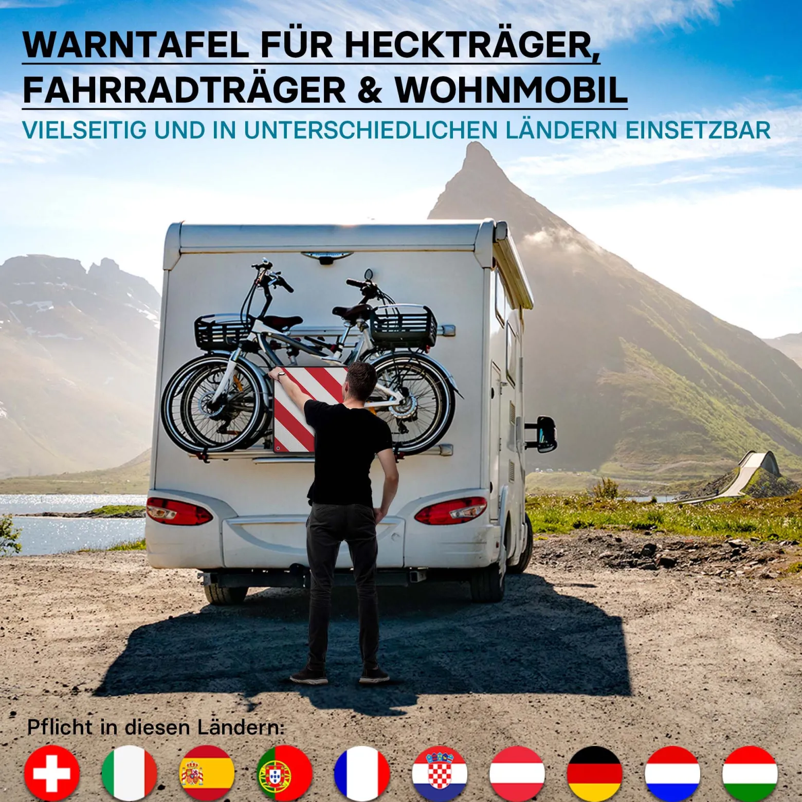Wiltec 2in1 rot weiße Warntafel Spanien und Italien aus Aluminium mit Befestigungslöchern 500x500 mm reflektierend Warnschild für Fahrradträger und Heckträger zur Kennzeichnung überstehender Ladung