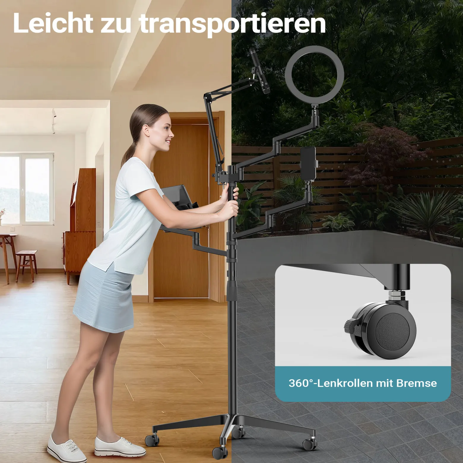 Wiltec 4 in 1 Stativ, Multifunktionales Kamerastativ mit Rollen, Ringlicht mit Fotostativ 3 Farbmodi, Mobile Halterung für Streaming Setup