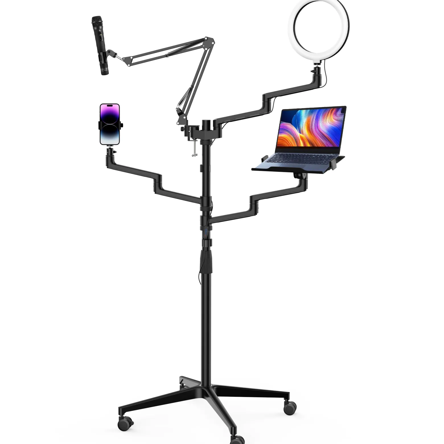 Wiltec 4 in 1 Stativ, Multifunktionales Kamerastativ mit Rollen, Ringlicht mit Fotostativ 3 Farbmodi, Mobile Halterung für Streaming Setup