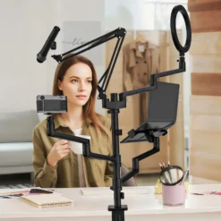 Wiltec 4 in 1 Tischstativ, Multifunktionales Kamera Stativ mit Tischklemme, Ringlicht mit Stativ 3 Farbmodi, Mobile Halterung für Streaming Setup