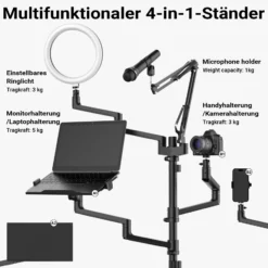 Wiltec 4 in 1 Tischstativ, Multifunktionales Kamera Stativ mit Tischklemme, Ringlicht mit Stativ 3 Farbmodi, Mobile Halterung für Streaming Setup