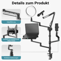 Wiltec 4 in 1 Tischstativ, Multifunktionales Kamera Stativ mit Tischklemme, Ringlicht mit Stativ 3 Farbmodi, Mobile Halterung für Streaming Setup