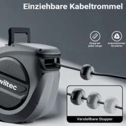 Wiltec Kabeltrommel 20 m + 2 m, automatischer Kabelaufroller 1500 – 3200 W, Verlängerungskabel Trommel 180° Halterung, robuste Kabel Trommel