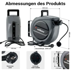 Wiltec Kabeltrommel 20 m + 2 m, automatischer Kabelaufroller 1500 – 3200 W, Verlängerungskabel Trommel 180° Halterung, robuste Kabel Trommel