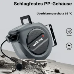 Wiltec Kabeltrommel 20 m + 2 m, automatischer Kabelaufroller 1500 – 3200 W, Verlängerungskabel Trommel 180° Halterung, robuste Kabel Trommel