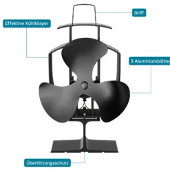 Wiltec Kaminofenventilator mit 3 Blätterm 50 bis 300°C, Ofenventilator ohne Strom, Kaminventilator für eine effiziente und umweltfreundliche Wärmeverteilung