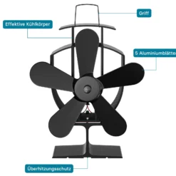 Wiltec Kaminofenventilator mit 5 Blätterm 50 bis 300°C, Ofenventilator ohne Strom, Kaminventilator für eine effiziente und umweltfreundliche Wärmeverteilung