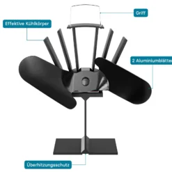 Wiltec Kaminofenventilator mit 2 Blättern 70 bis 350°C, Ofenventilator ohne Strom, Kaminventilator für eine effiziente und umweltfreundliche Wärmeverteilung