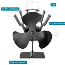 Wiltec Kaminofenventilator mit 3 Flügeln 70 bis 350°C, Ofenventilator ohne Strom, Kaminventilator für eine effiziente und umweltfreundliche Wärmeverteilung