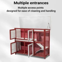 Wiltec Kaninchenstall rot weiß 1175 x 410 x 1000 mm, Hasenstall als Ergänzung für Freilauf, Kaninchenkäfig Hasenkäfig mit 4 Türen und Treppe