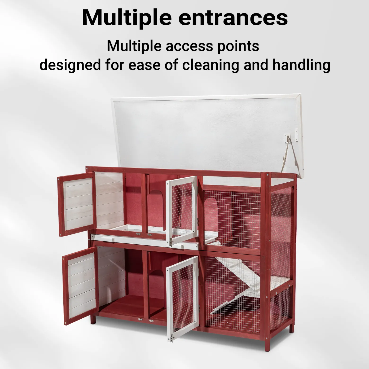 Wiltec Kaninchenstall rot weiß 1175 x 410 x 1000 mm, Hasenstall als Ergänzung für Freilauf, Kaninchenkäfig Hasenkäfig mit 4 Türen und Treppe