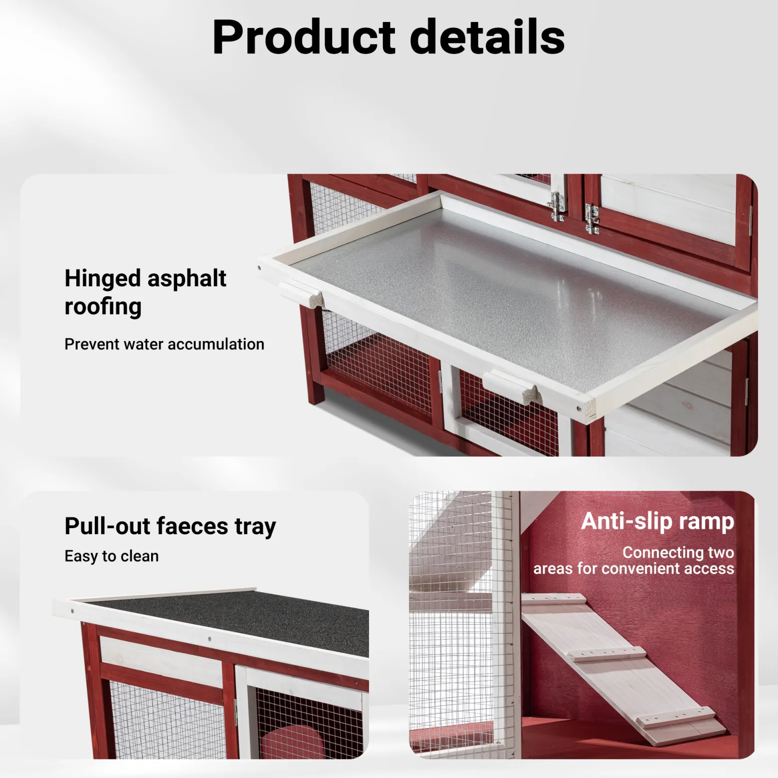 Wiltec Kaninchenstall rot weiß 1175 x 410 x 1000 mm, Hasenstall als Ergänzung für Freilauf, Kaninchenkäfig Hasenkäfig mit 4 Türen und Treppe