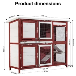 Wiltec Kaninchenstall rot weiß 1175 x 410 x 1000 mm, Hasenstall als Ergänzung für Freilauf, Kaninchenkäfig Hasenkäfig mit 4 Türen und Treppe