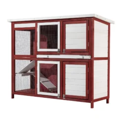 Wiltec Kaninchenstall rot weiß 1175 x 410 x 1000 mm, Hasenstall als Ergänzung für Freilauf, Kaninchenkäfig Hasenkäfig mit 4 Türen und Treppe