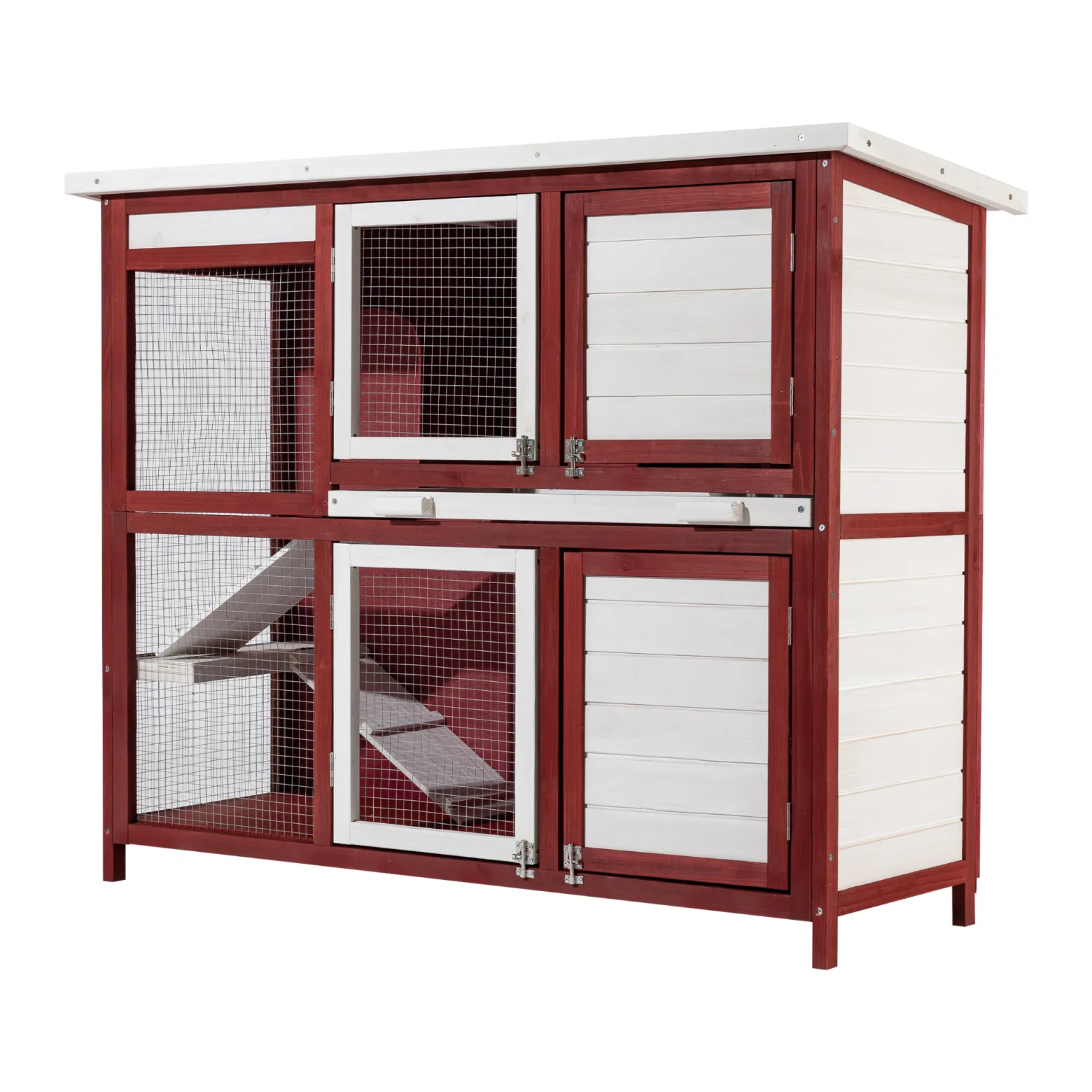 Wiltec Kaninchenstall rot weiß 1175 x 410 x 1000 mm, Hasenstall als Ergänzung für Freilauf, Kaninchenkäfig Hasenkäfig mit 4 Türen und Treppe