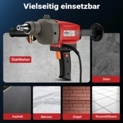 Wiltec Kernbohrgerät bis 110 mm Nass Kernbohrmaschine 2080 W 1700 U/min mit Transportkoffer und Zubehör