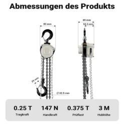 Wiltec Kettenzug bis 250 kg, robuster Handkettenzug 3 m Hubhöhe, Tragmittel mit 3 m Lastkette, Hebezeug manuell, hochbelastbares Hebemittel