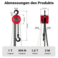 Wiltec Kettenzug mit 1000kg Traglast und 3 m Kettenlänge, einfaches Lastenheben, Flaschenzug, Seilzug, Handkran, Handseilwinde u.a. für Forst und Werkstatt