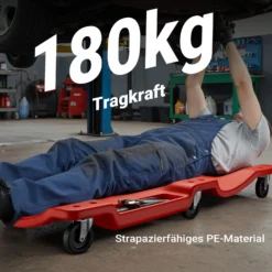 Wiltec Kfz Montageliege 102x48x12 cm bis 180 kg aus Kunststoff, Rollbrett mit abnehmbarer Kopfstütze & Werkzeugfächern, Rollliege, Werkstattliege
