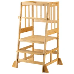 Wiltec Kinderstuhl Lernturm 57 x 46 x 90 cm aus Bambus, Lernstuhl für Kinder mit Geländer, Stehturm mit Schutzstab