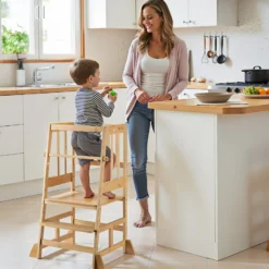 Wiltec Kinderstuhl Lernturm 57 x 46 x 90 cm aus Bambus, Lernstuhl für Kinder mit Geländer, Stehturm mit Schutzstab