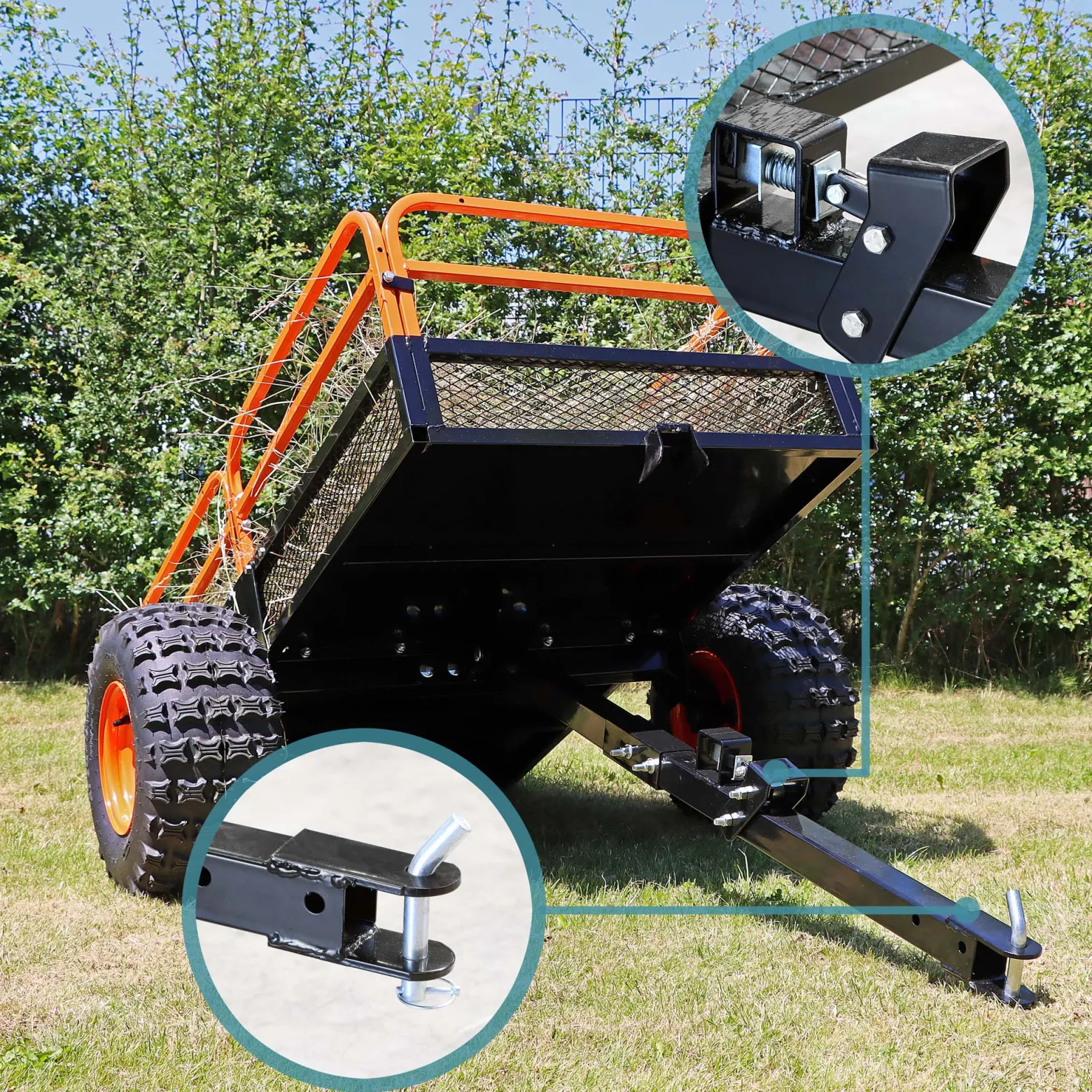 Wiltec Kippanhänger bis 680 kg für Rasentraktor, Anhänger Kipper 216 x 122 x 76,2 cm mit Gitter u. abnehmbaren Seitenwänden, Anhänger mit Kippfunktion