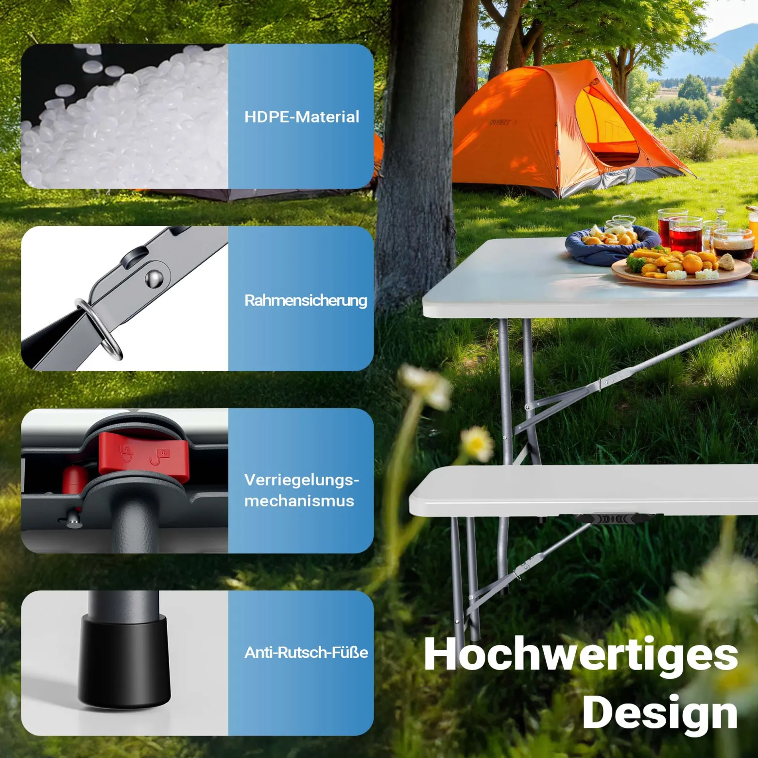 Wiltec Klappbank 180x30x43 cm Camping Sitzbank klappbar Campingbank Gartenbank Bierbank faltbar Sitzgruppe Sitzgarnitur Camping Tisch faltbar