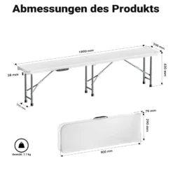Wiltec Klappbank 180x30x43 cm Camping Sitzbank klappbar Campingbank Gartenbank Bierbank faltbar Sitzgruppe Sitzgarnitur Camping Tisch faltbar
