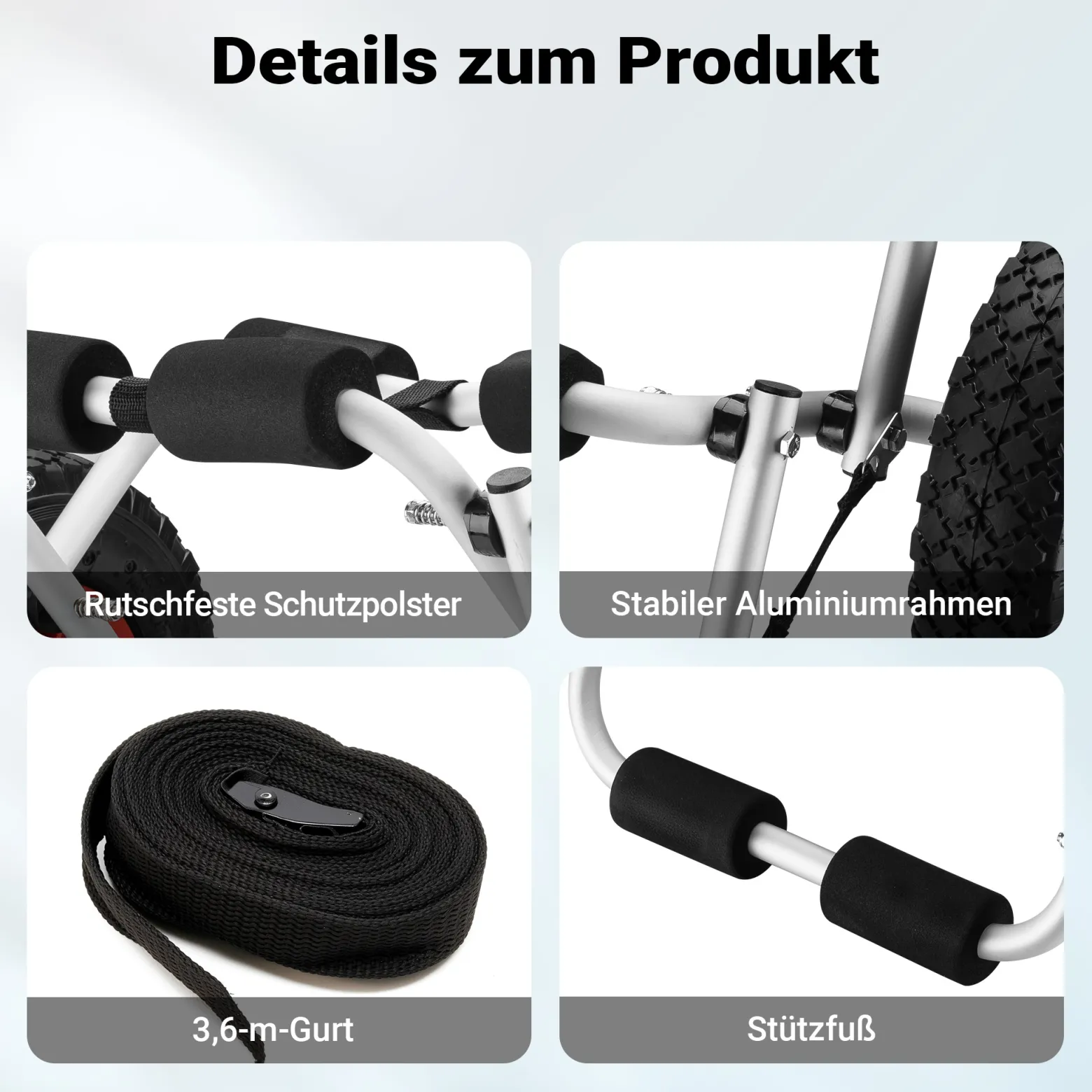 Wiltec klappbarer Alu Kanuwagen bis 45 kg, Transportwagen für Boote, Kanus, Kajaks, Surfwagen mit Polstern, Ø25 cm PU-Räder inkl. Nylonband zur Fixierung, stabiler SUP-Trolley, SUP-Wagen mit Stütze