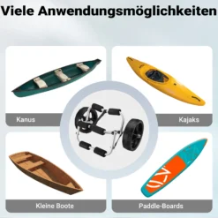 Wiltec klappbarer Alu Kanuwagen bis 45 kg, Transportwagen für Boote, Kanus, Kajaks, Surfwagen mit Polstern, Ø25 cm PU-Räder inkl. Nylonband zur Fixierung, stabiler SUP-Trolley, SUP-Wagen mit Stütze