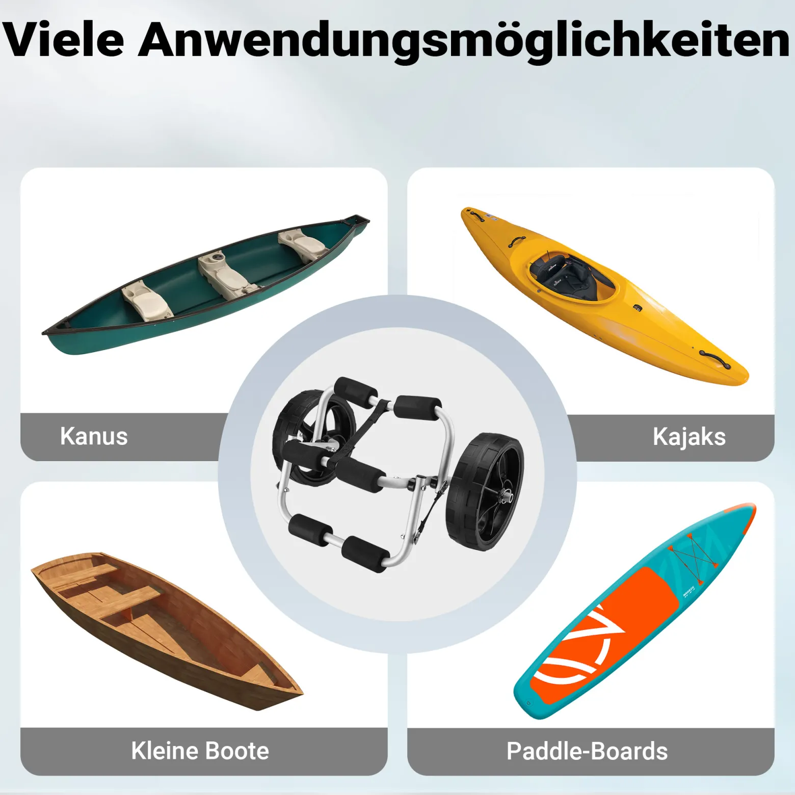 Wiltec klappbarer Alu Kanuwagen bis 45 kg, Transportwagen für Boote, Kanus, Kajaks, Surfwagen mit Polstern, Ø25 cm PU-Räder inkl. Nylonband zur Fixierung, stabiler SUP-Trolley, SUP-Wagen mit Stütze