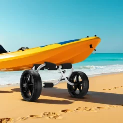 Wiltec klappbarer Alu Kanuwagen bis 45 kg, Transportwagen für Boote, Kanus, Kajaks, Surfwagen mit Polstern, Ø25 cm PU-Räder inkl. Nylonband zur Fixierung, stabiler SUP-Trolley, SUP-Wagen mit Stütze