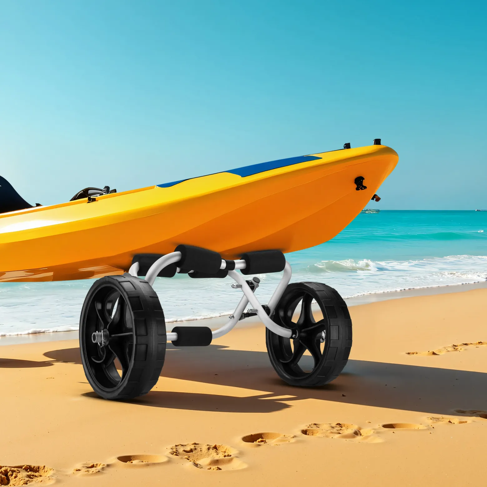 Wiltec klappbarer Alu Kanuwagen bis 45 kg, Transportwagen für Boote, Kanus, Kajaks, Surfwagen mit Polstern, Ø25 cm PU-Räder inkl. Nylonband zur Fixierung, stabiler SUP-Trolley, SUP-Wagen mit Stütze
