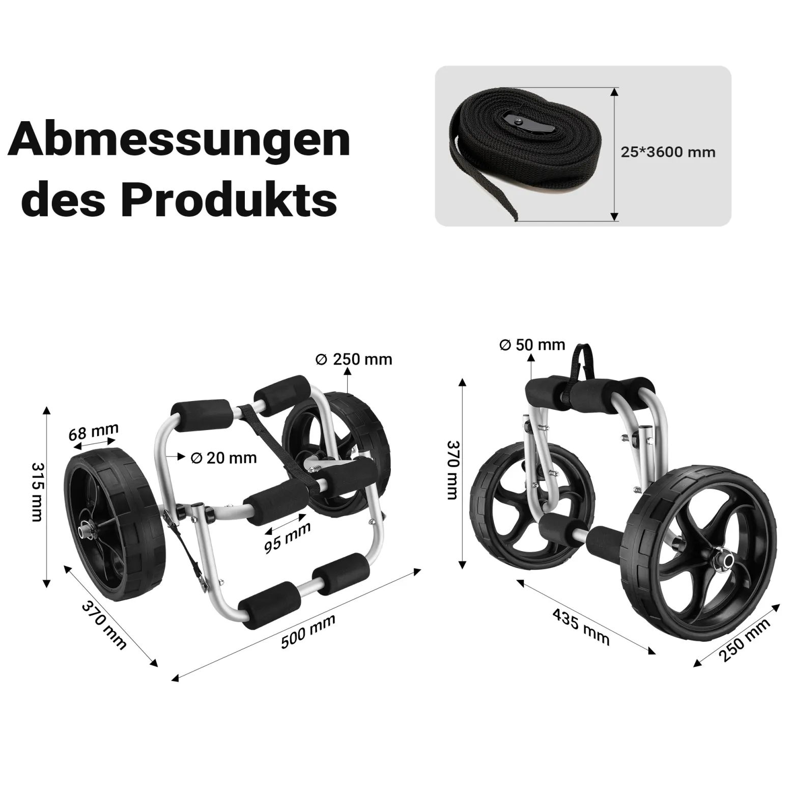 Wiltec klappbarer Alu Kanuwagen bis 45 kg, Transportwagen für Boote, Kanus, Kajaks, Surfwagen mit Polstern, Ø25 cm PU-Räder inkl. Nylonband zur Fixierung, stabiler SUP-Trolley, SUP-Wagen mit Stütze