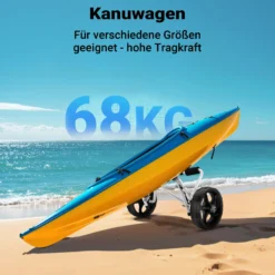 Wiltec klappbarer Alu Kanuwagen bis 68 kg, Transportwagen für Boote, Kanus, Kajaks, Surfwagen mit Polstern, Ø25 cm PU-Räder inkl. Nylonband zur Fixierung, stabiler SUP-Trolley, SUP-Wagen mit Stütze