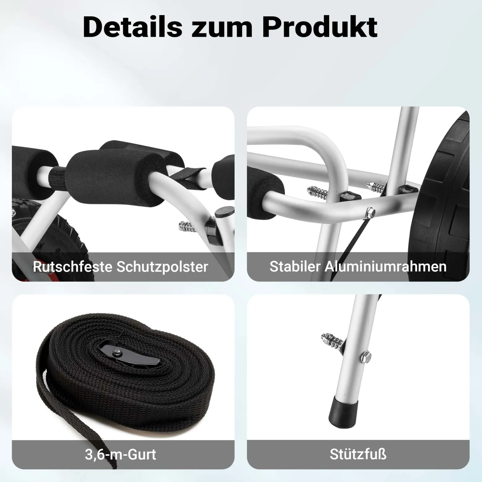 Wiltec klappbarer Alu Kanuwagen bis 68 kg, Transportwagen für Boote, Kanus, Kajaks, Surfwagen mit Polstern, Ø25 cm PU-Räder inkl. Nylonband zur Fixierung, stabiler SUP-Trolley, SUP-Wagen mit Stütze