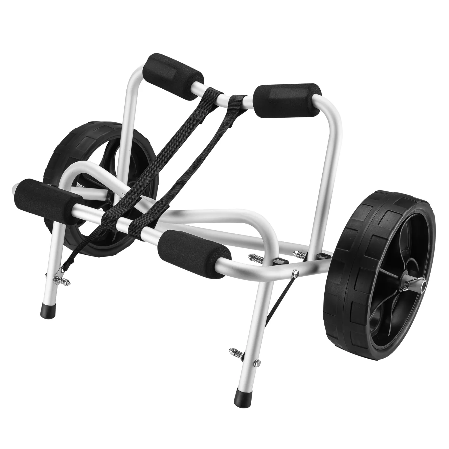 Wiltec klappbarer Alu Kanuwagen bis 68 kg, Transportwagen für Boote, Kanus, Kajaks, Surfwagen mit Polstern, Ø25 cm PU-Räder inkl. Nylonband zur Fixierung, stabiler SUP-Trolley, SUP-Wagen mit Stütze