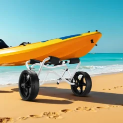Wiltec klappbarer Alu Kanuwagen bis 68 kg, Transportwagen für Boote, Kanus, Kajaks, Surfwagen mit Polstern, Ø25 cm PU-Räder inkl. Nylonband zur Fixierung, stabiler SUP-Trolley, SUP-Wagen mit Stütze